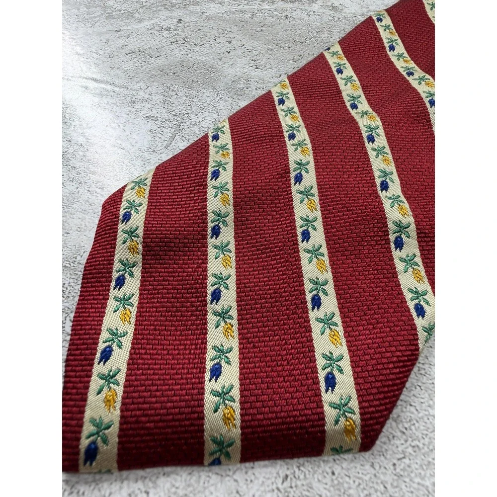Lands' End Tie Mens OS Red 100% Silk Pointed Striped Woven Embroidered VTG